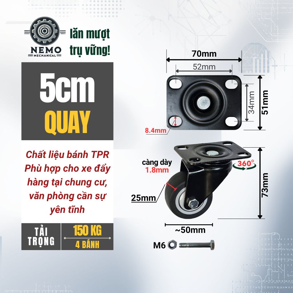 Bánh Xe TPR Chống Ồn Tải Cao – Càng Thép Sơn Tĩnh Điện Đen (D40, D50)